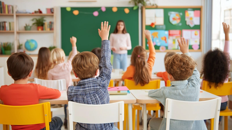 alunos com a mao levantada em sala de aula