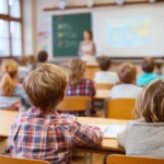 alunos em sala de aula prestanda atencao a professora
