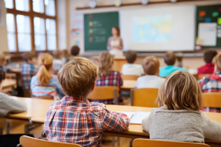 alunos em sala de aula prestanda atencao a professora