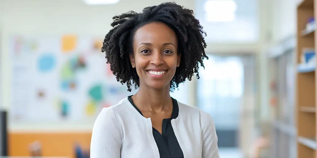 coordenadora pedagogica em sala de aula sorrindo