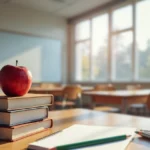 sala de aula com livros didaticos e maca em cima da mesa do professor