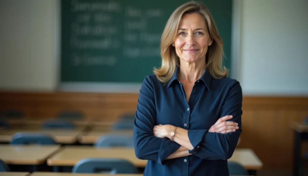 diretora de escola com bracos cruzados sorrindo