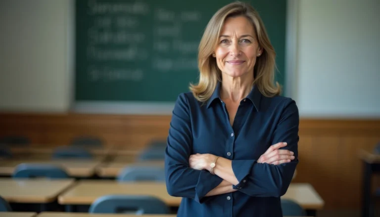diretora de escola com bracos cruzados sorrindo