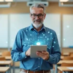 diretor da escola com tablet na mao em sala de aula