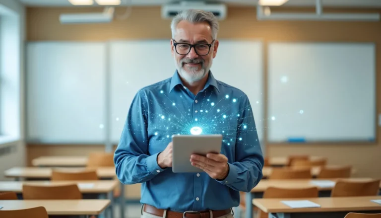 diretor da escola com tablet na mao em sala de aula